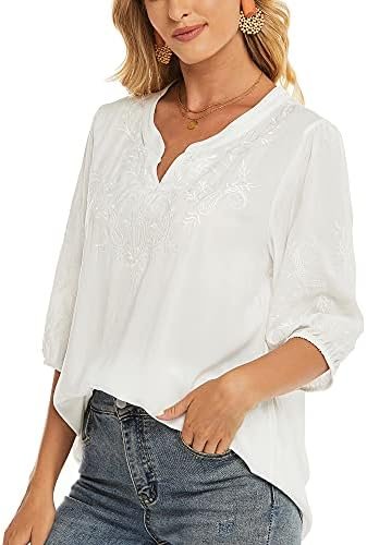 Women's Embroidered Plain Tunic Tops for Summer Fall Spring, Simple Elegant Dressy Blouse Casual Embroidery Solid Shirt