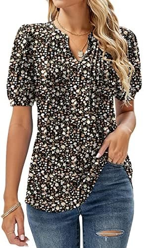Womens V Neck Puff Short Sleeve Pleated T Shirts Fashion Summer Tops Casual Tunic Blouse