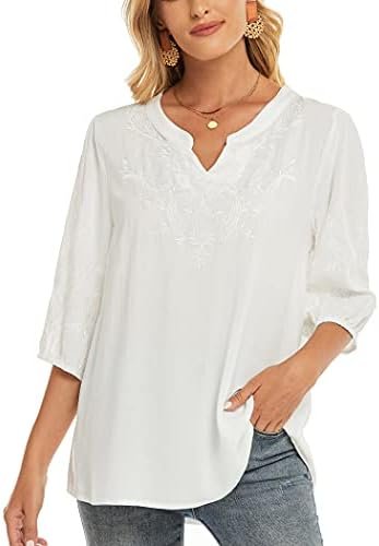Women's Embroidered Plain Tunic Tops for Summer Fall Spring, Simple Elegant Dressy Blouse Casual Embroidery Solid Shirt