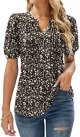 Womens V Neck Puff Short Sleeve Pleated T Shirts Fashion Summer Tops Casual Tunic Blouse