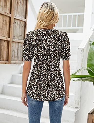 Womens V Neck Puff Short Sleeve Pleated T Shirts Fashion Summer Tops Casual Tunic Blouse