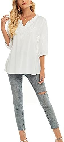 Women's Embroidered Plain Tunic Tops for Summer Fall Spring, Simple Elegant Dressy Blouse Casual Embroidery Solid Shirt