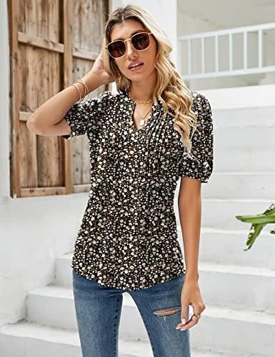 Womens V Neck Puff Short Sleeve Pleated T Shirts Fashion Summer Tops Casual Tunic Blouse